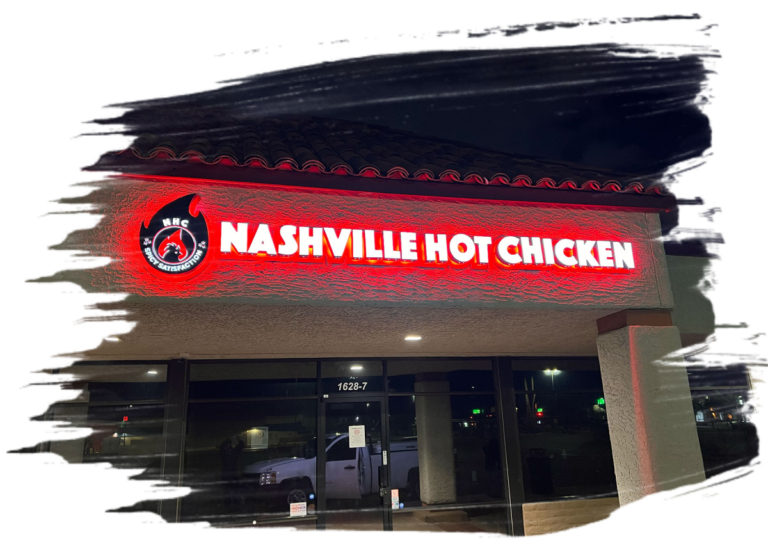 NHC Nashville Hot Chicken tenders and sando served with pickles and toast